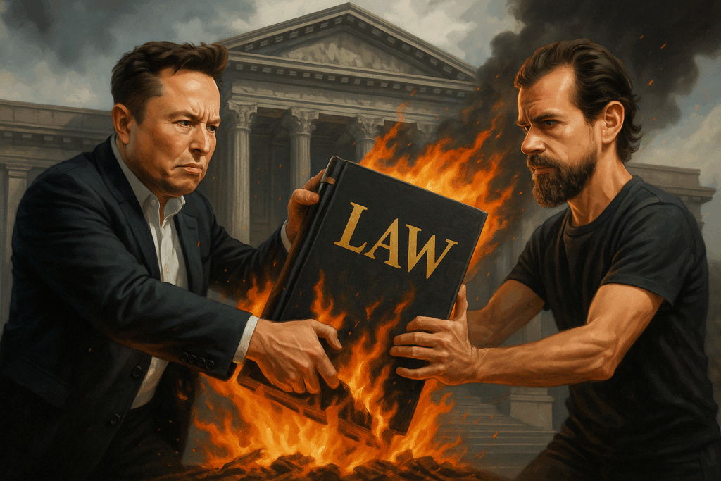 איור דיגיטלי של אלון מאסק וג’ק דורסי דוחפים יחד ספר חוקים בוער מול בניין בית משפט קלאסי, כסמל למחאה נגד חוקי הקניין הרוחני בעידן הבינה המלאכותית
